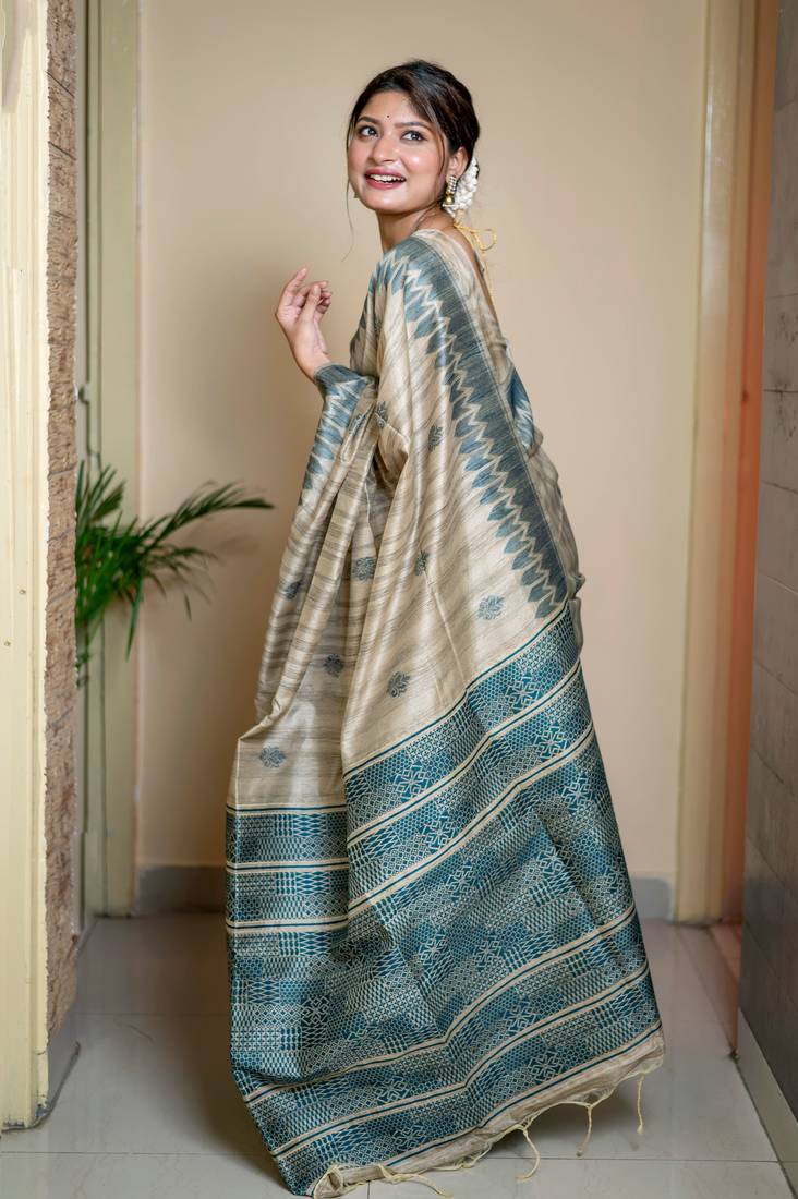 Teal thread woven handloom tussar silk saree with blouse