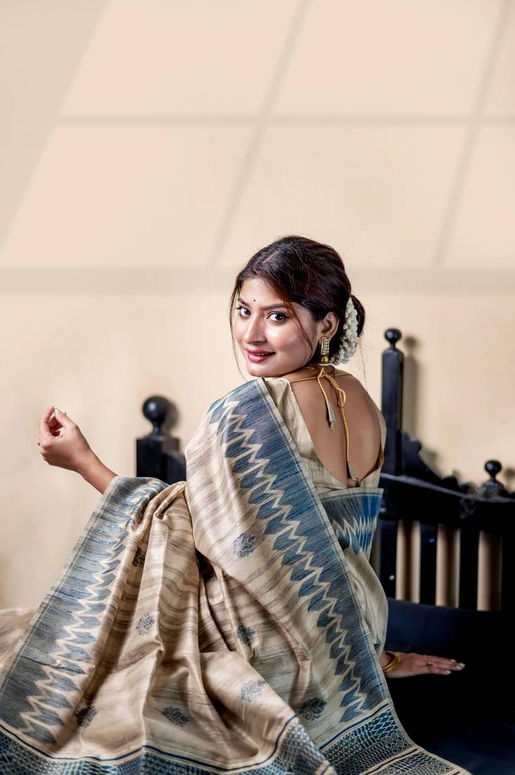 Teal thread woven handloom tussar silk saree with blouse