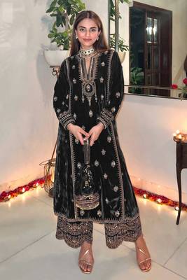  Black Velvet with Embroidery sequin Work Suit 1