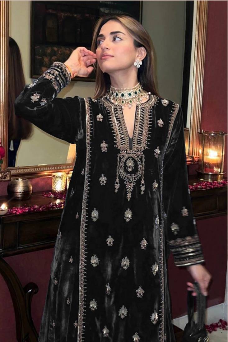 Women Black Velvet with Embroidery Sequence Work Suit