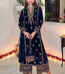 Blue Velvet Zari Embroidered Wedding Salwar Suit - Semi Stitched