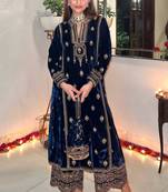 Blue Velvet Zari Embroidered Wedding Salwar Suit - Semi Stitched
