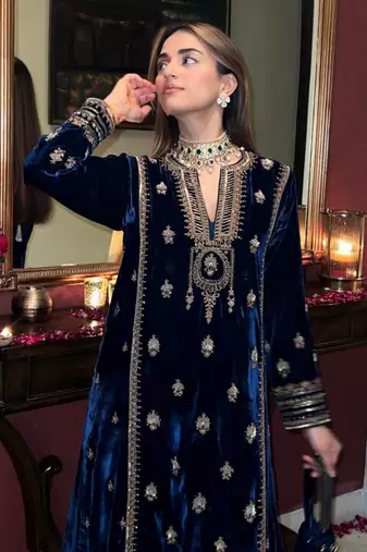 Blue Velvet Zari Embroidered Wedding Salwar Suit - Semi Stitched