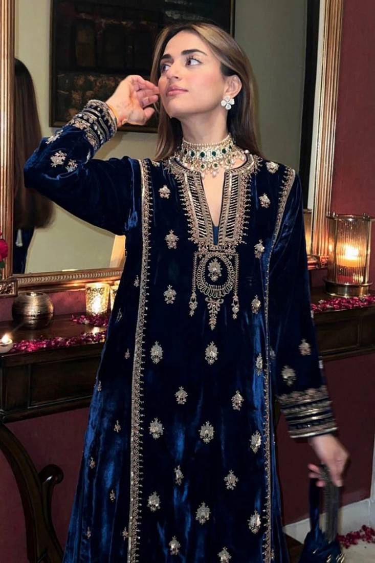Blue Velvet Zari Embroidered Wedding Salwar Suit - Semi Stitched