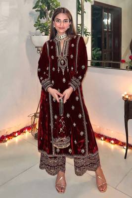 Maroon Velvet Golden Sequin Embroidered Palazzo Suit with Dupatta -  1
