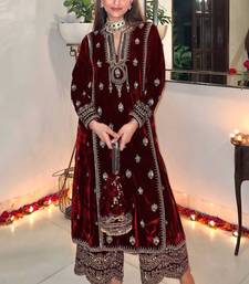 Maroon Velvet Golden Sequin Embroidered Palazzo Suit with Dupatta - 