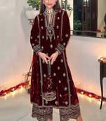 Maroon Velvet Golden Sequin Embroidered Palazzo Suit with Dupatta - Unstitched