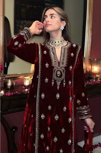 Maroon Velvet Golden Sequin Embroidered Palazzo Suit with Dupatta - 