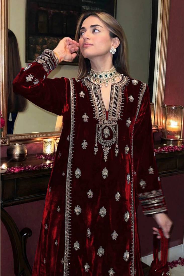Maroon Velvet Golden Sequin Embroidered Palazzo Suit with Dupatta - Unstitched