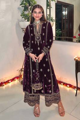 Purple Velvet Sequin Work Salwar Suit 1