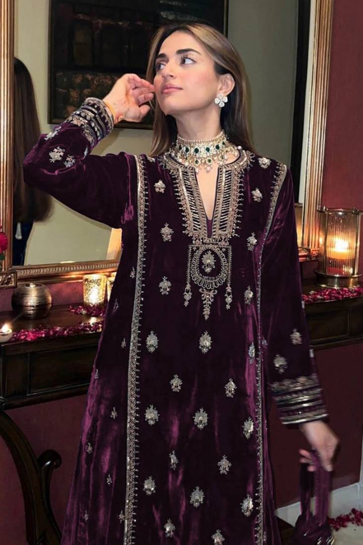 Purple Velvet Sequin Work Unstitched Salwar Suit