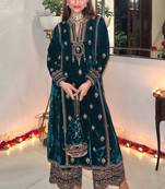Blue Velvet Zari Embroidered Unstitched Salwar Suit for EID and Weddings