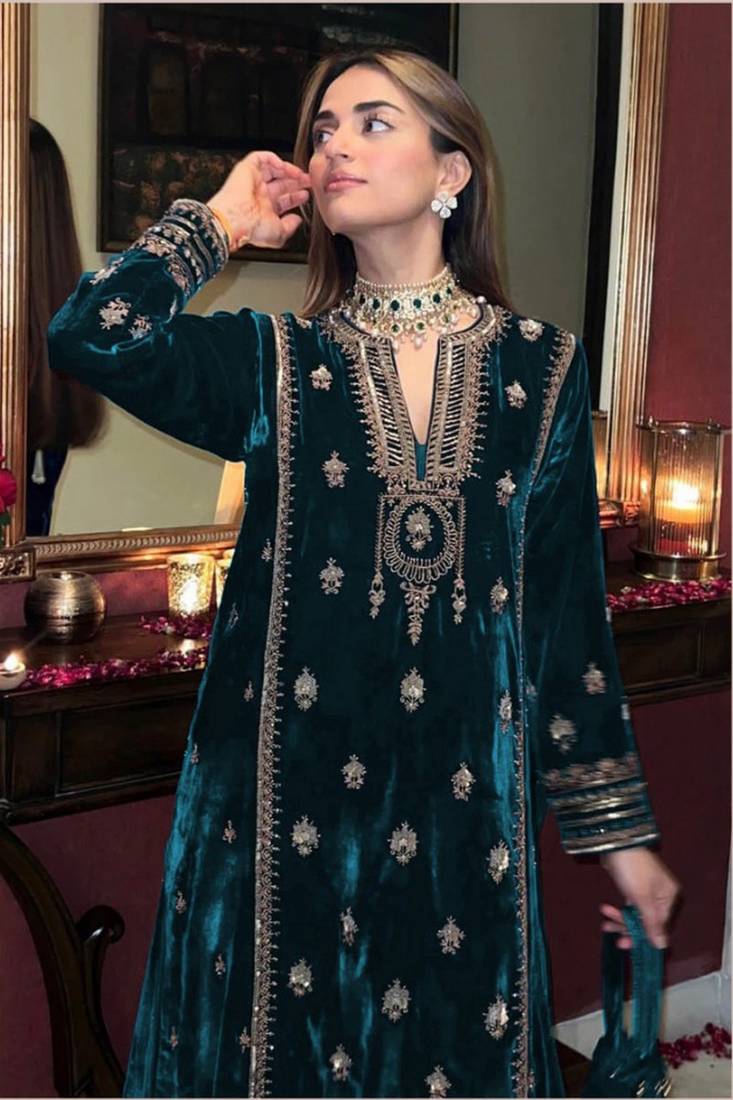 Blue Velvet Zari Embroidered Unstitched Salwar Suit for EID and Weddings