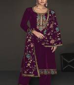 Women Purple Velvet with Embroidery Sequence Work Unstitched Suit