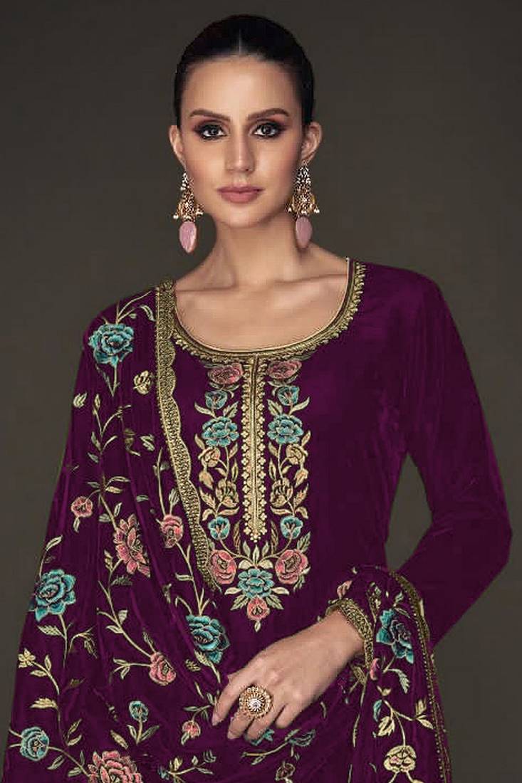 Women Purple Velvet with Embroidery Sequence Work Unstitched Suit