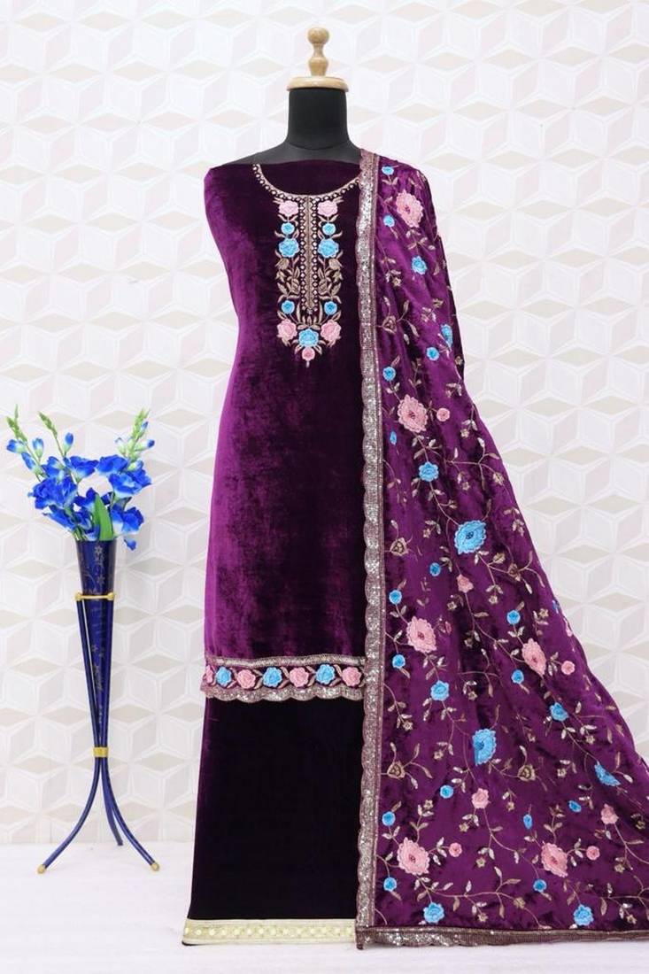 Women Purple Velvet with Embroidery Sequence Work Unstitched Suit