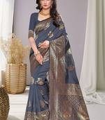Grey Woven Silk Blend Saree With Blouse