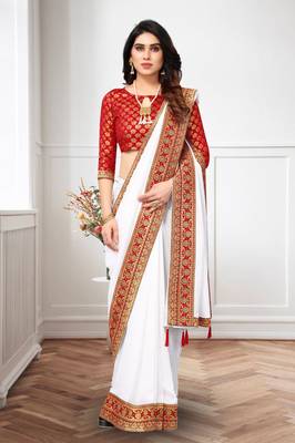 White Vichitra Silk Blend Saree With Fancy Lace And Jacquard Blouse Piece. 6