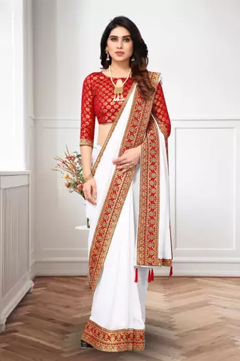 White Vichitra Silk Blend Saree With Fancy Lace And Jacquard Blouse Piece.