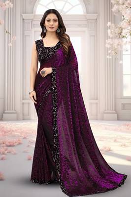 Purple Lycra Floral Design Saree with Sequin Border 6