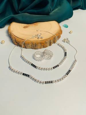 Set of 2 silver-plated bedded anklet & adjustable toe-ring 1