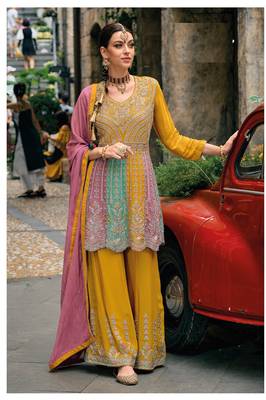 Yellow chinon heavy embroidery chinon palazzo suits 1