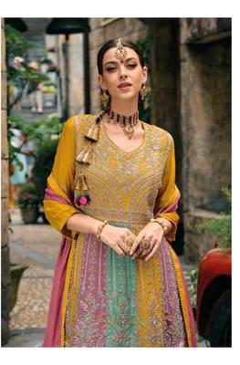 Yellow chinon heavy embroidery chinon palazzo suits 2