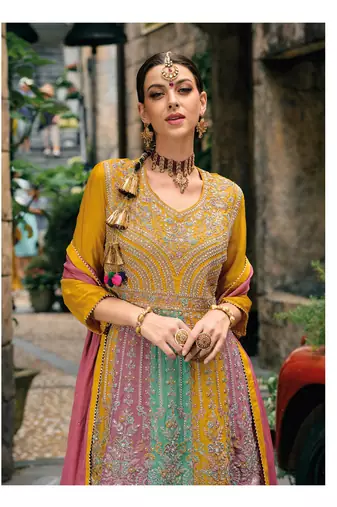 Yellow chinon heavy embroidery chinon palazzo suits