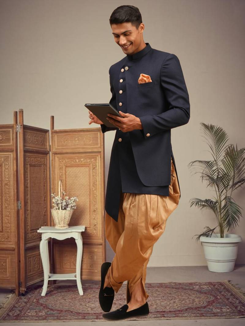 Men's navy blue indo western dhoti sherwani