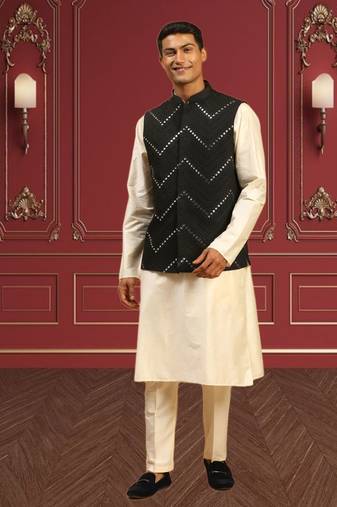 Men's fawn kurta pajama with nehru jacket