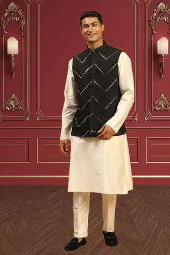 Men's fawn kurta pajama with nehru jacket