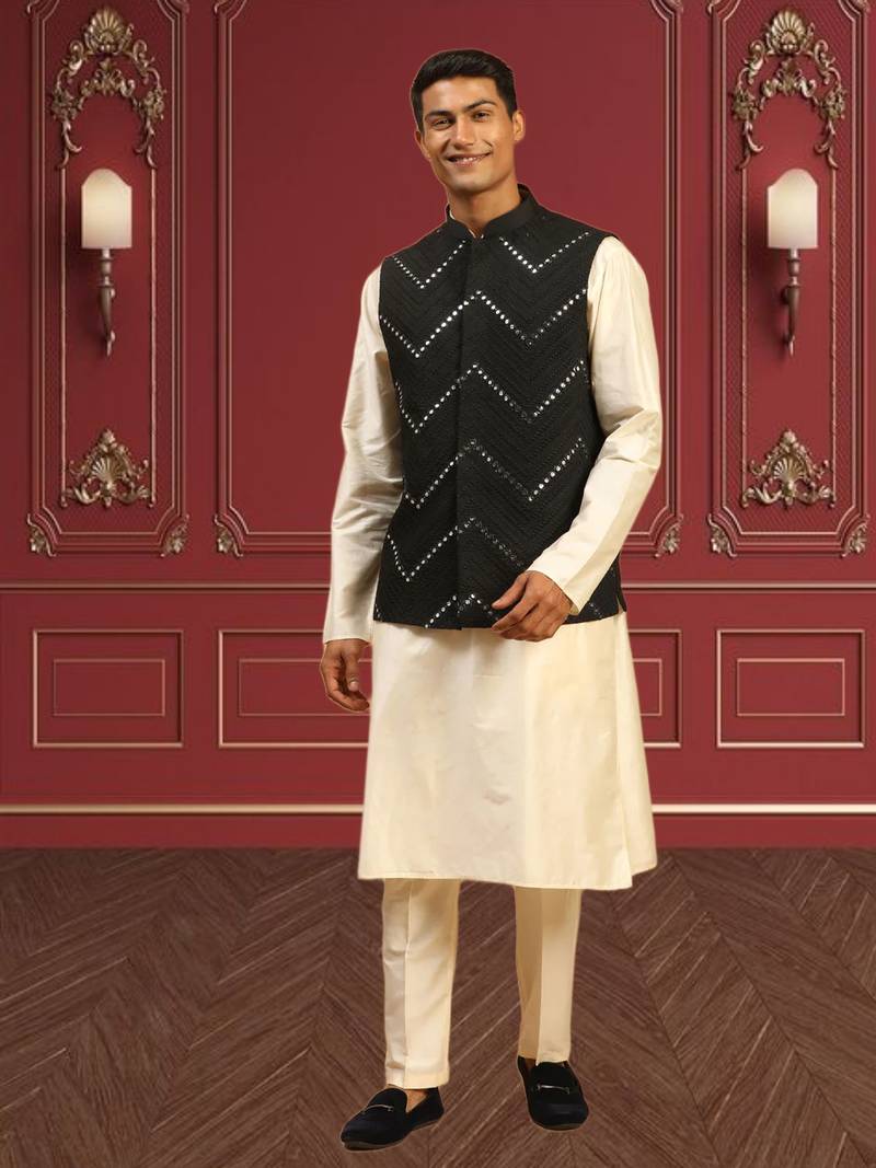 Men's fawn kurta pajama with nehru jacket
