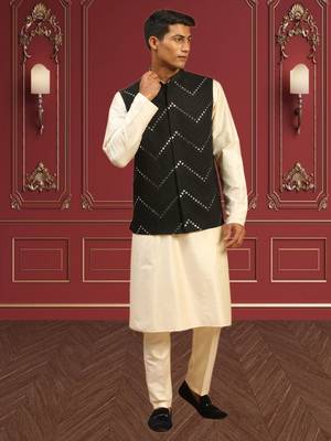 Men's fawn kurta pajama with nehru jacket 2