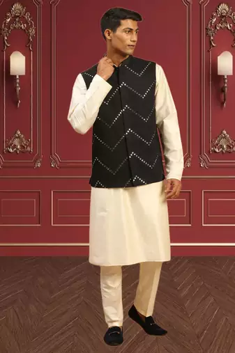 Men's fawn kurta pajama with nehru jacket