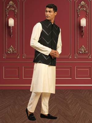 Men's fawn kurta pajama with nehru jacket 5