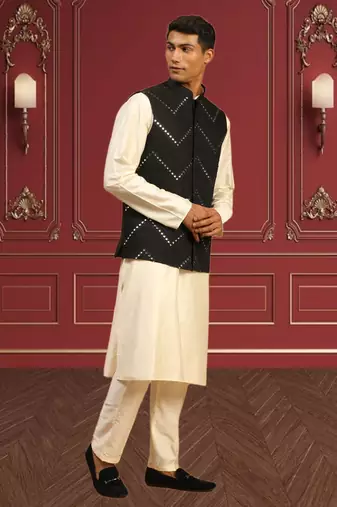 Men's fawn kurta pajama with nehru jacket