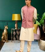 Men's peach kurta pajama with nehru jacket