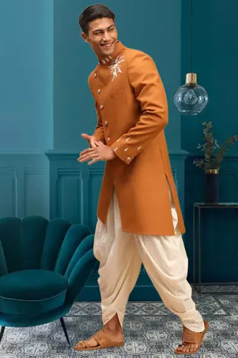 Men's mustard indo western dhoti sherwani