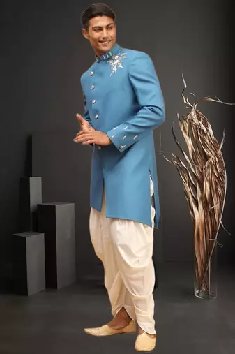 Men's sky blue indo western dhoti sherwani