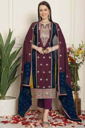 magenta chinon chiffon embroidered dress material