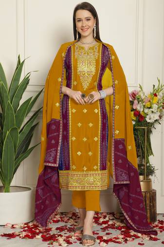 mustard chinon chiffon embroidered dress material