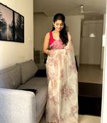 Light Cream Colour Soft Organza Hand Work Saree