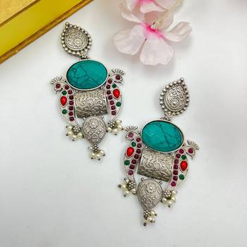 Oxidized silver plated multicolor stone peal dangler earrings 2