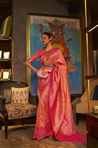 Peach Woven Banarasi Style Silk Blend Saree With Blouse For Women
