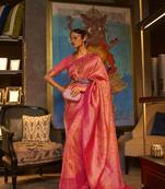 Peach Woven Banarasi Style Silk Blend Saree With Blouse For Women