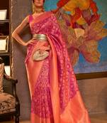 Pink Woven Banarasi Style Silk Blend Saree With Blouse For Women