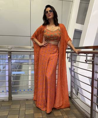 Printed 3 Petal Embroidered Blouse With Palazzo Pants And Chitta Mirrorwork Embroidered Jacket 1