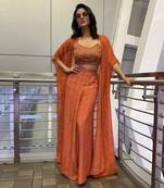 Printed 3 Petal Embroidered Blouse With Palazzo Pants And Chitta Mirrorwork Embroidered Jacket