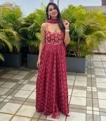 Printed Yoke Embroidered Backless Anarkali With Organza Dupatta