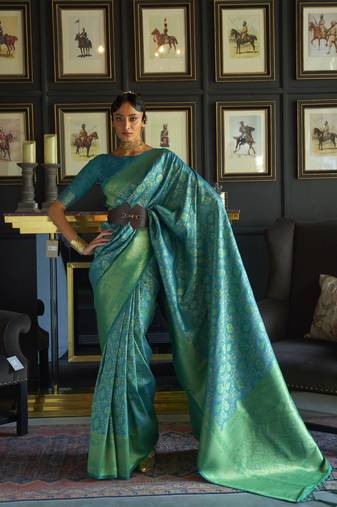 Teal Woven Banarasi Style Silk Blend Saree With Blouse For Women